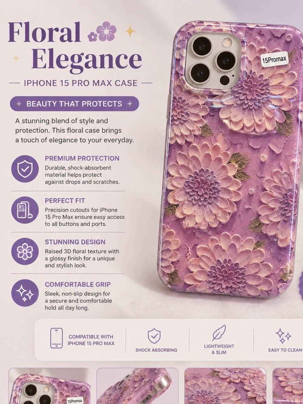 Floral Elegance Purple iPhone 15 Pro Max Protective Case